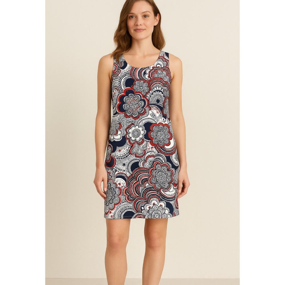 Ann Taylor LOFT Red White Navy Floral Shift Dress Size 6 Lined Sheath